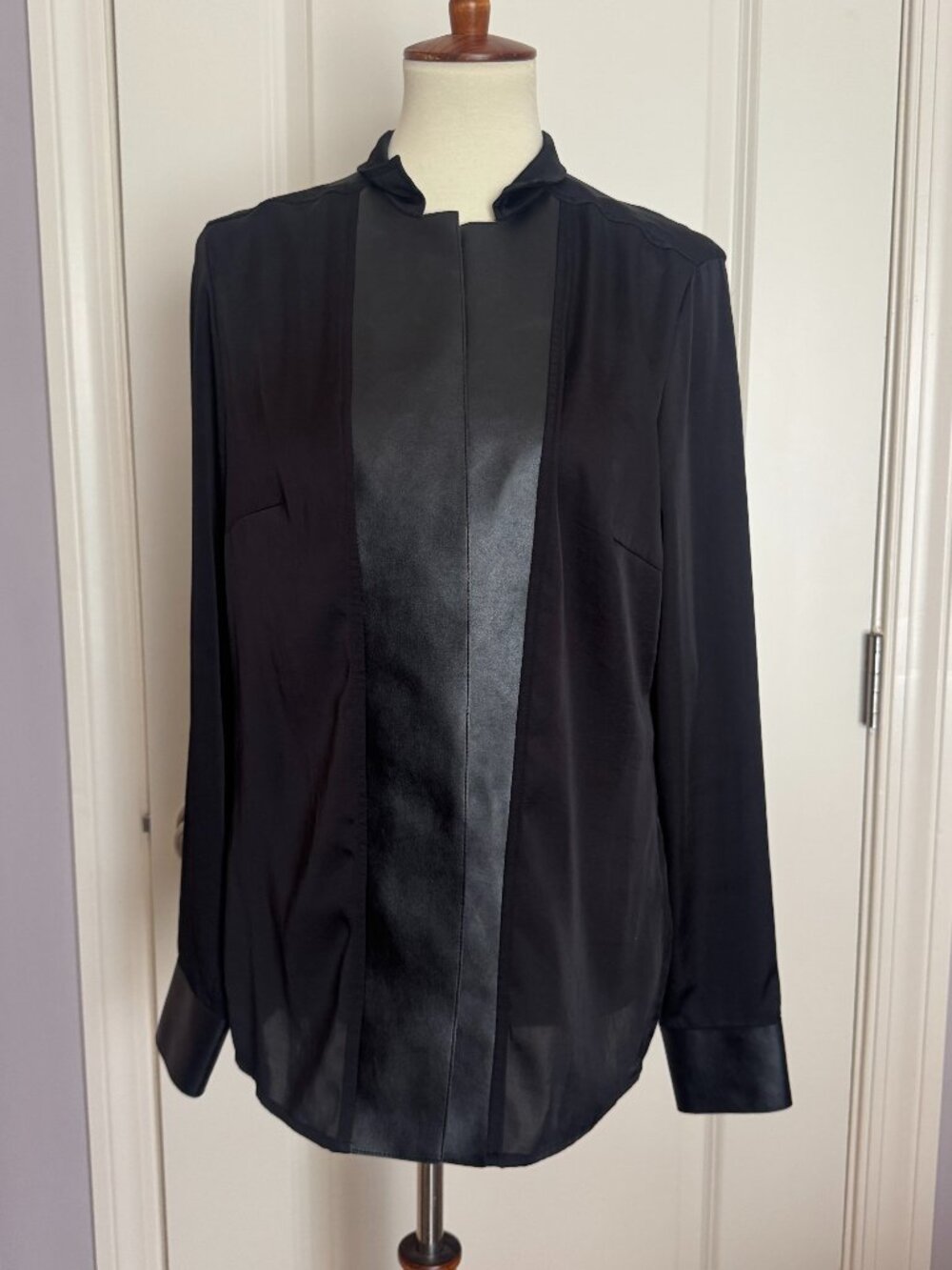 Escada Black Blouse with Faux Leather Color-Block Panel Sz 42